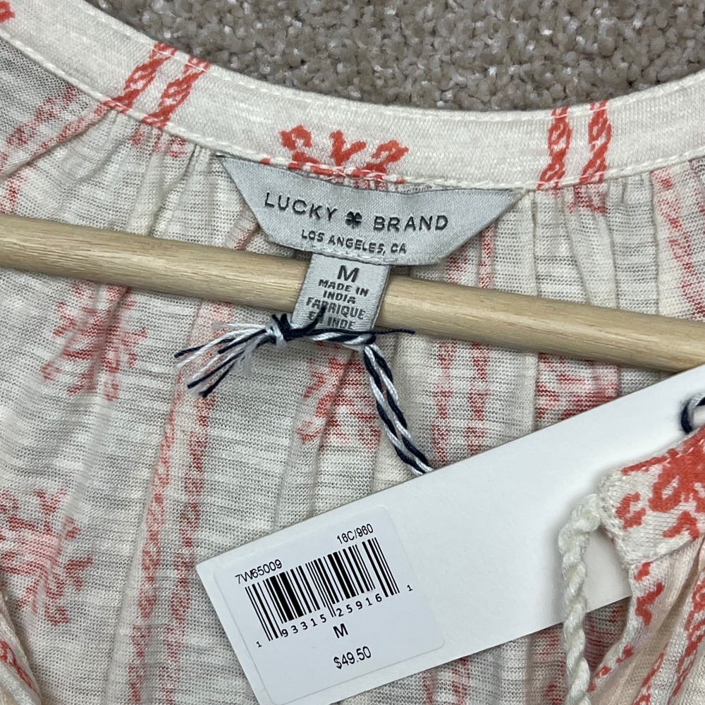 Lucky Brand Tassel V Neck Sleeveless Tank Top NWT Boho Coastal Coral Cream M - Picture 3 of 11